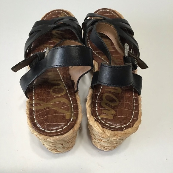Sam Edelman raffia wedge platform black leather 9.5 new without tags NWOT - Picture 3 of 4